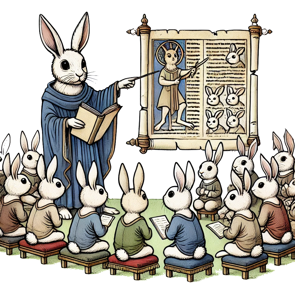 Rabbit tutoring a class of rabbits.