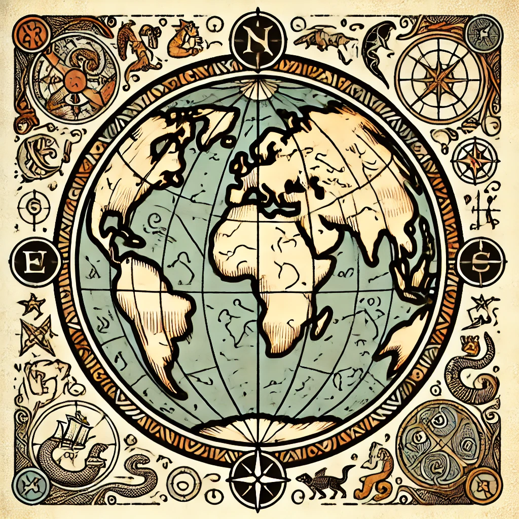 medieval-style cartoon map of the world